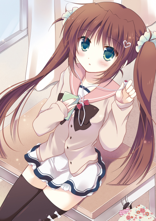 1girl bag black_legwear blush bow brown_hair digital_media_player earplugs green_eyes hair_ornament heart long_sleeves mp3 original pokopi scrunchie skirt solo thigh-highs twintails window