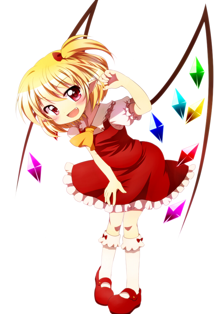 1girl ascot blonde_hair dress fang flandre_scarlet haiiro_(immature) hair_ribbon kneehighs looking_at_viewer no_hat no_headwear open_mouth pink_eyes pointy_ears puffy_sleeves red_dress ribbon shirt short_hair short_sleeves side_ponytail simple_background smile solo touhou white_background white_legwear wings
