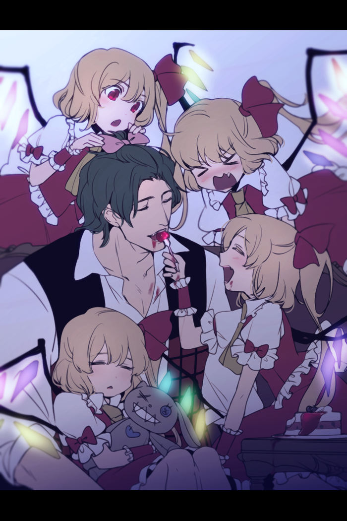 &gt;_&lt; 1boy 4girls =_= adjusting_hair ascot blonde_hair blush broad_shoulders cake chikage_(kinokodou) closed_eyes eating fang feeding flandre_scarlet food fork four_of_a_kind_(touhou) genderswap green_hair hair_ribbon holding kazami_yuuka letterboxed messy multiple_girls open_mouth plaid plaid_vest plate puffy_sleeves red_eyes revision ribbon short_hair side_ponytail smile stuffed_toy table touhou wings wrist_cuffs