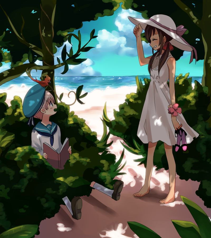 1boy 1girl adjusting_clothes adjusting_hat animal_on_head axis_powers_hetalia barefoot beach bird bird_on_head blonde_hair blue_eyes book brown_hair closed_eyes clouds dress grin hair_ribbon hat hat_ribbon holding holding_book holding_shoes horizon linaria_(ookinahitomi) looking_at_another neckerchief ocean open_book outdoors payot plant profile reading ribbon sailor sailor_collar sandals_removed sealand_(hetalia) seychelles_(hetalia) shade shoes sitting sky sleeveless sleeveless_dress smile socks standing sun_hat sundress tree tree_shade twintails white_dress white_legwear
