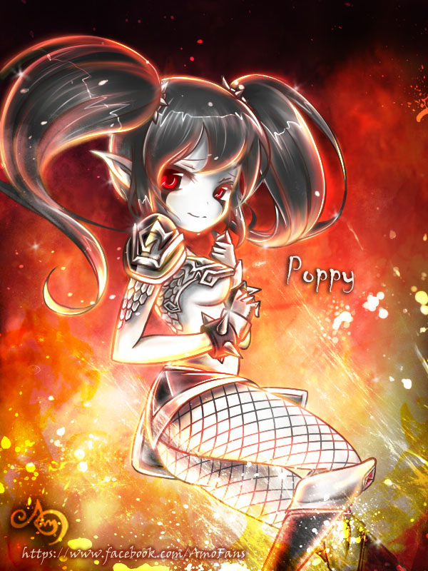 1girl adapted_costume alternate_costume alternate_eye_color alternate_hair_color amoheavell armor ass black_hair black_legwear breasts character_name facial_mark fishnets league_of_legends light_smile long_hair pale_skin pauldrons pointy_ears poppy red_eyes solo spikes twintails under_boob watermark web_address wristband