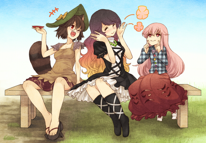 3girls ;d animal_ears beads bench blonde_hair blush brown_hair dress futatsuiwa_mamizou glasses gradient_hair hat hata_no_kokoro hijiri_byakuren jewelry long_hair long_sleeves multicolored_hair multiple_girls necklace open_mouth pince-nez pink_eyes pink_hair plaid plaid_shirt prayer_beads purple_hair raccoon_ears raccoon_tail red_eyes short_hair short_sleeves sitting skirt sleeveless smile tail touhou urin wink