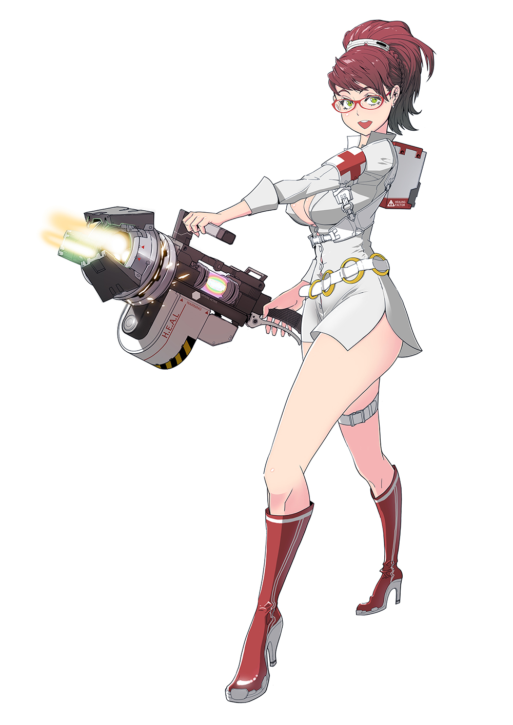 belt boots breasts brown_hair butcherboy cleavage earrings english glasses green_eyes high_heels highres jewelry large_breasts legs long_hair medic red-framed_glasses red_boots red_cross shoes team_fortress_2 the_medic white_background