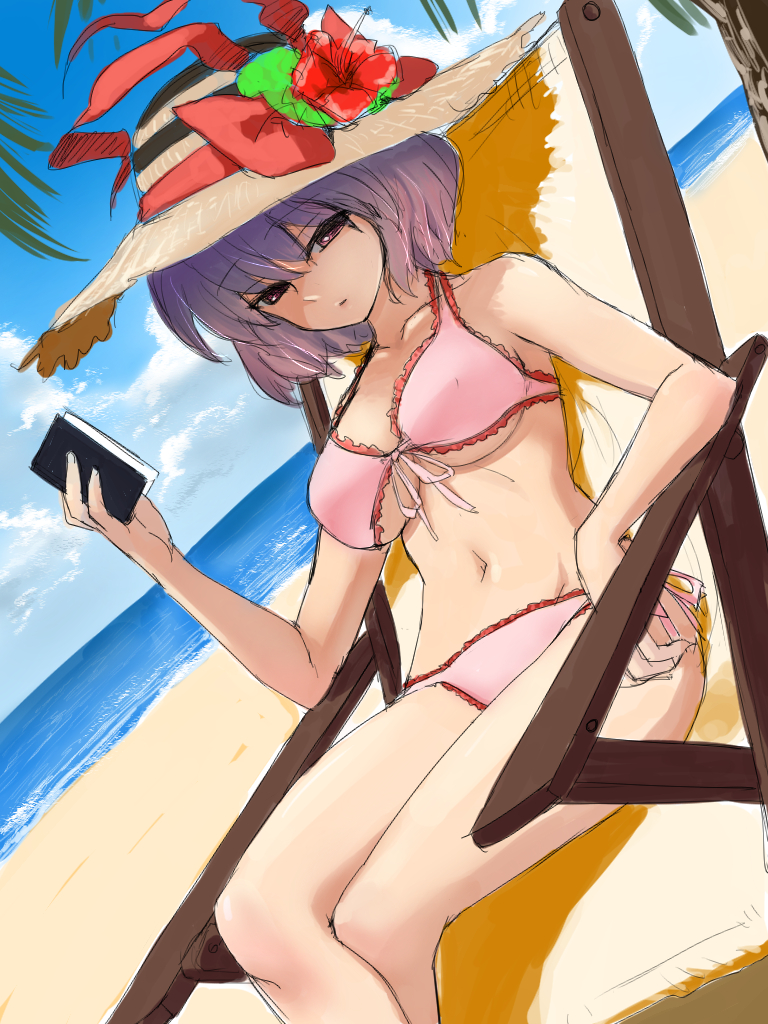 1girl beach bikini book breasts chagen_kokimu clouds crossed_legs flower hat hat_flower large_breasts looking_at_viewer nagae_iku navel palm_tree pink_bikini purple_hair red_eyes rough short_hair sitting solo swimsuit touhou tree