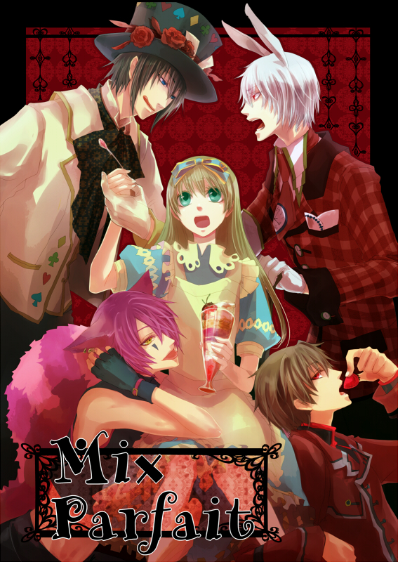 1girl 4boys ace_(kuni_no_alice) alice_liddell angry animal_ears apron black_gloves black_hair blonde_hair blood_dupre blue_eyes boris_airay bowtie brown_hair bunny_boy card cat_ears clock coat dessert dress eating feather_boa fingerless_gloves flower food formal frills fruit glasses gloves green_eyes grin hair_ornament hair_over_one_eye hat heart_no_kuni_no_alice holding_hands jacket licking_lips long_hair long_sleeves multiple_boys necktie open_mouth parfait peter_white piercing pink_hair playing_card pocket_tissue puffy_sleeves rabbit_ears red_eyes rose short_hair shouting smile spoon strawberry suit sweets tail tattoo tongue top_hat white_gloves white_hair yellow_eyes