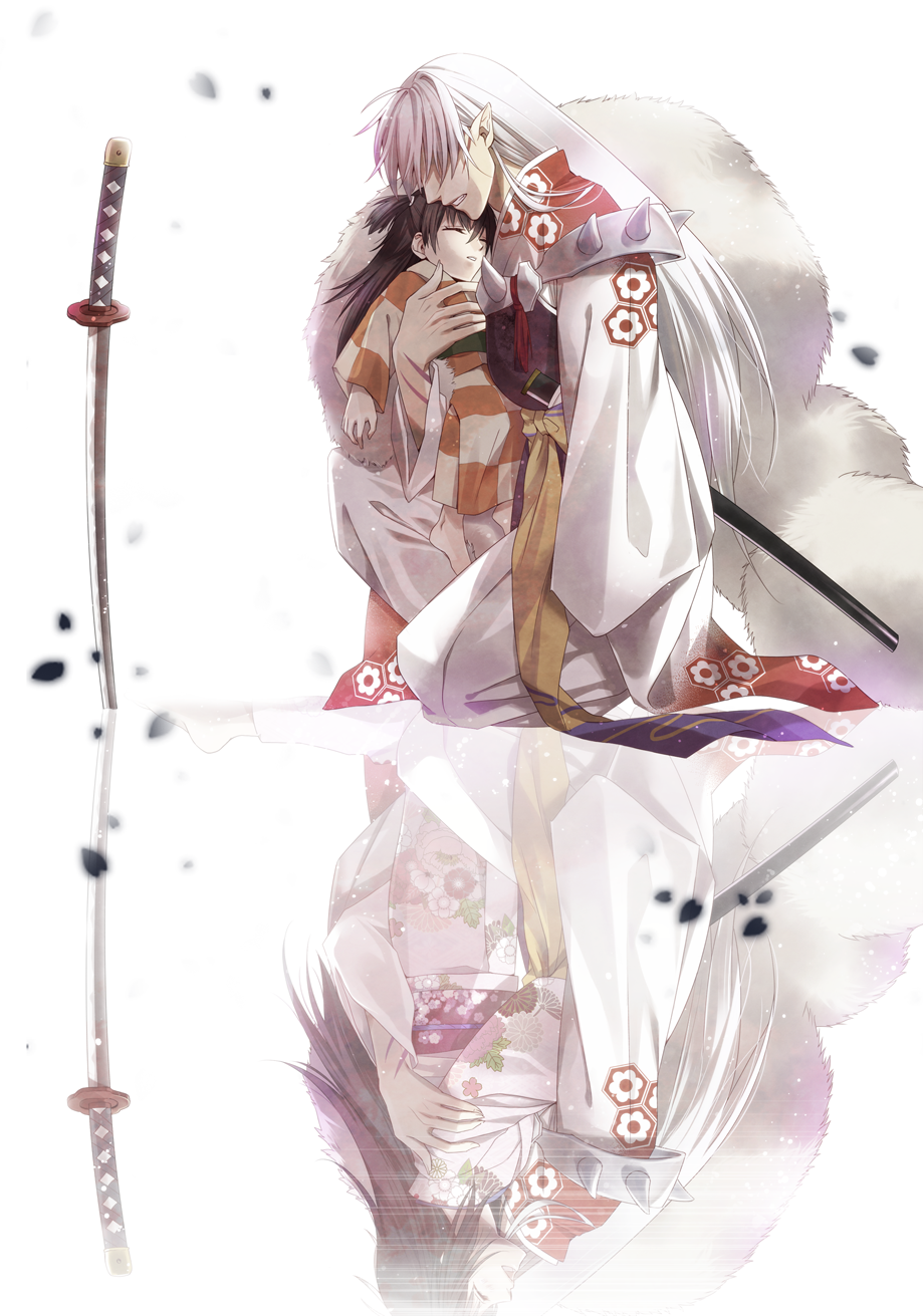 1boy 1girl adult age_difference black_hair closed_eyes different_reflection fire-crysta1_(deathkuramu) floral_print fur inuyasha japanese_clothes kimono long_hair petals pointy_ears reflection rin_(inuyasha) sesshoumaru silver_hair sleeping sword weapon
