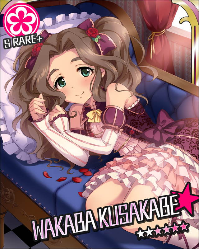 1girl bare_shoulders blush bow brown_hair character_name couch cushion detached_sleeves dress eyebrows fetal_position frilled_dress frilled_skirt frills green_eyes hair_bow idolmaster idolmaster_cinderella_girls jpeg_artifacts kusakabe_wakaba legs_folded light_smile long_hair looking_at_viewer lying official_art on_side petals solo twintails wavy_hair
