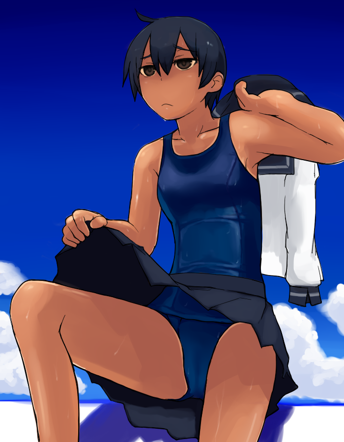 1girl :&lt; black_hair bored brown_eyes clouds lvi original school_swimsuit school_uniform short_hair sitting skirt sky solo sweat swimsuit tan undressing