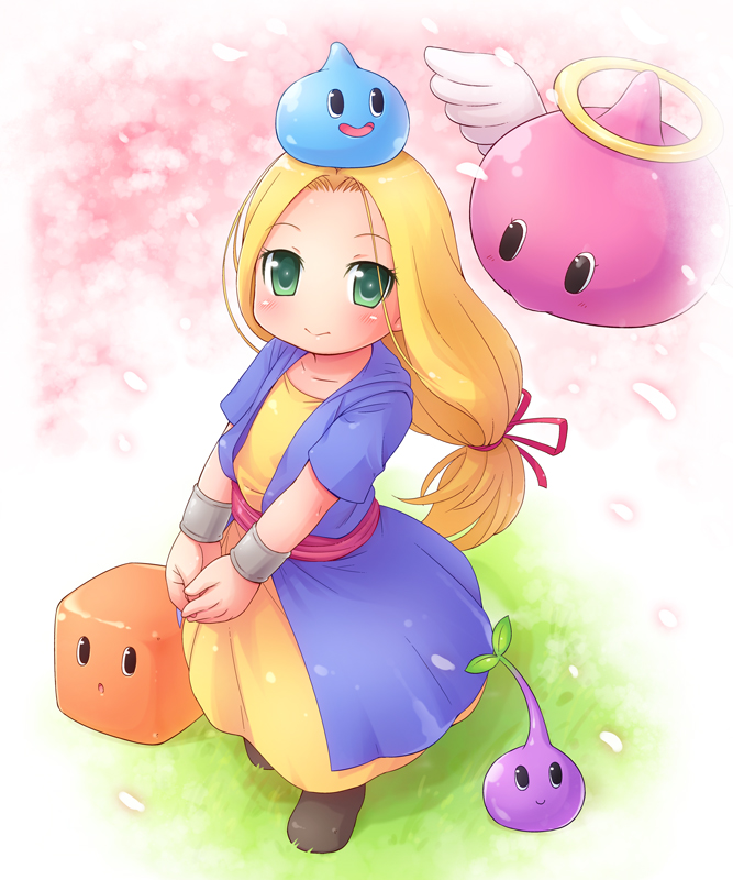 1girl :o angel_wings blonde_hair blush dragon_quest dragon_quest_vi dress grass green_eyes hair_ribbon halo long_hair looking_at_viewer low-tied_long_hair mireyu mizuno_mumomo object_on_head open_mouth own_hands_together petals ponytail ribbon slime_(dragon_quest) smile solo wings wrist_cuffs