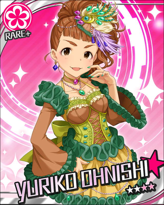1girl brown_eyes brown_hair character_name corset dress earrings eyebrows feathers frills hair_feathers hair_ornament idolmaster idolmaster_cinderella_girls jewelry jpeg_artifacts looking_at_viewer nail_polish necklace official_art oonishi_yuriko pink_background smile solo
