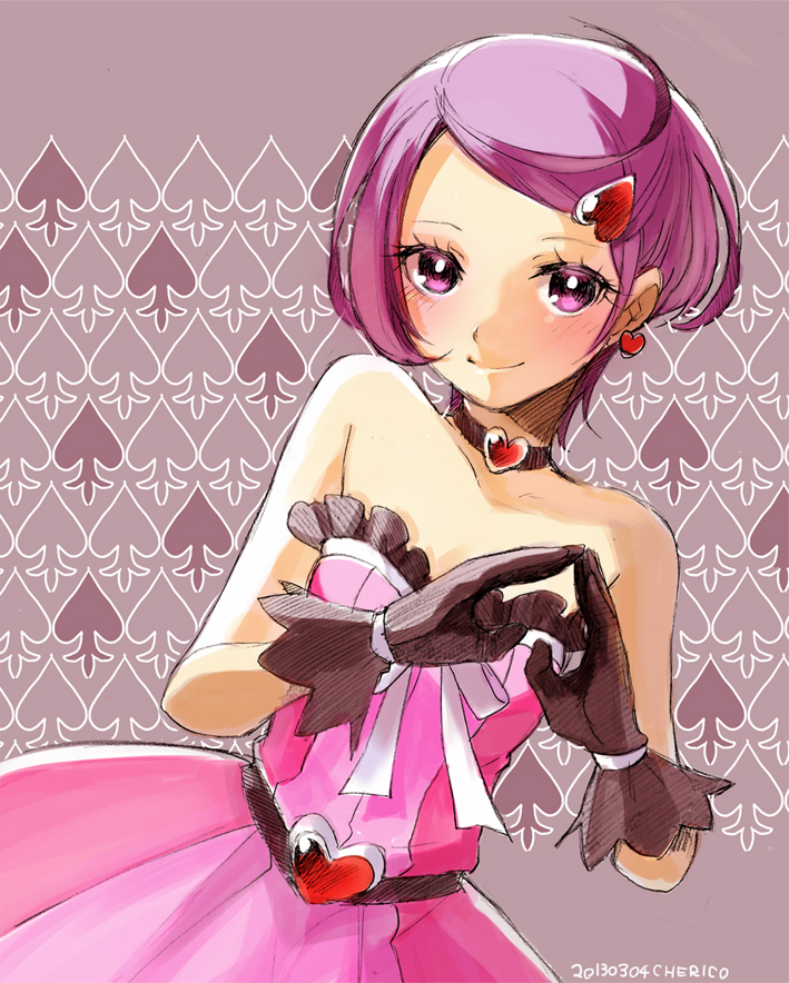 1girl belt cherico choker dokidoki!_precure dress earrings gloves hair_ornament hairpin heart jewelry kenzaki_makoto precure purple_hair ribbon short_hair smile solo spade violet_eyes