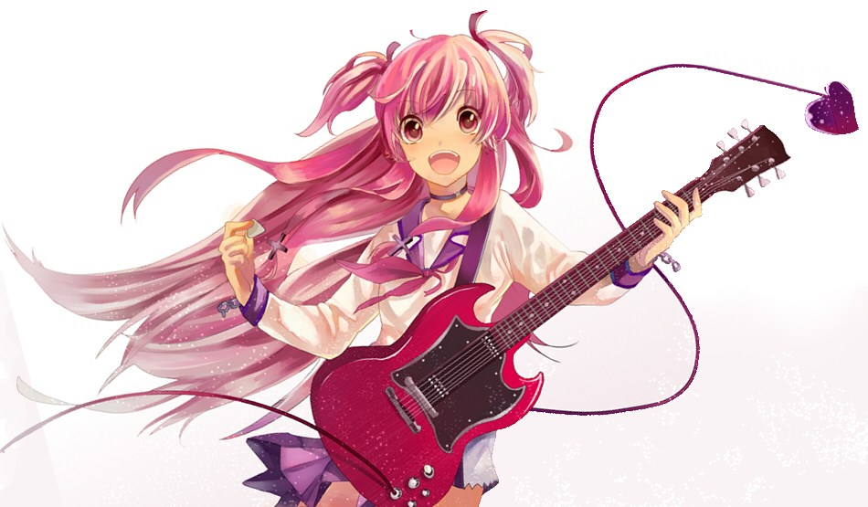 1girl angel_beats! guitar instrument long_hair pink_eyes pink_hair plectrum rokusuke_(lcskeee) school_uniform serafuku tail twintails yui_(angel_beats!)