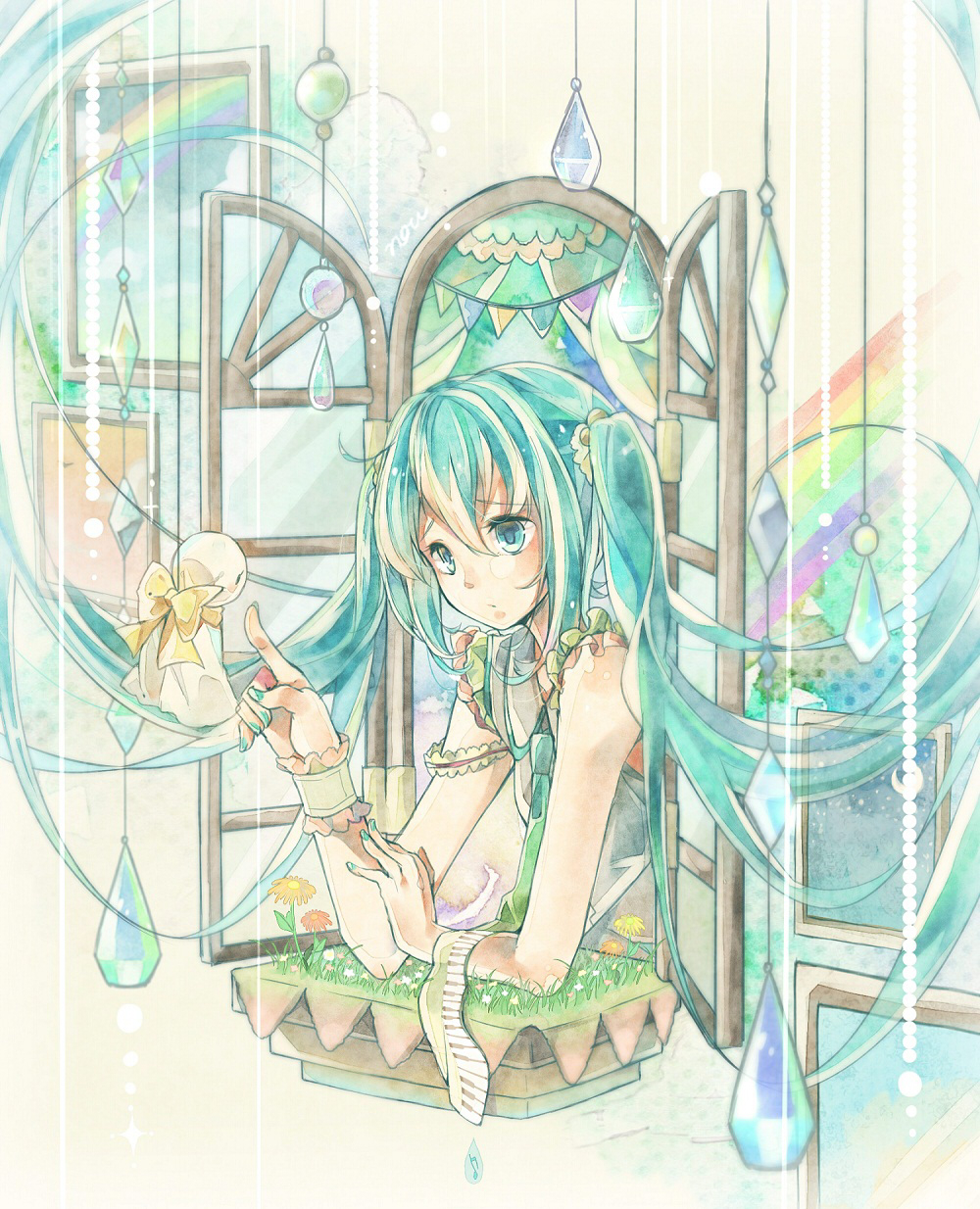 1girl aqua_eyes aqua_hair hatsune_miku highres long_hair necktie nou piano_print rainbow solo teruterubouzu twintails very_long_hair vocaloid window