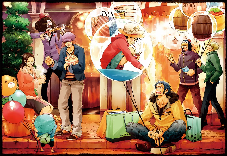 1girl 6+boys alternate_costume antlers backpack bag balloon barrel bear bepo black_hair blonde_hair book brook bubble cigarette closed_eyes collar facial_hair food formal glasses hand_in_pocket hat hat_over_eyes hat_removed headwear_removed hoodie indian_style instrument monkey_d_luffy multiple_boys nico_robin one_piece open_mouth penguin_(one_piece) pocky sanji shachi_(one_piece) shopping_bag shorts sidewalk sitting skeleton smile squatting steam straw_hat striped stubble suit tony_tony_chopper trafalgar_law tree violin