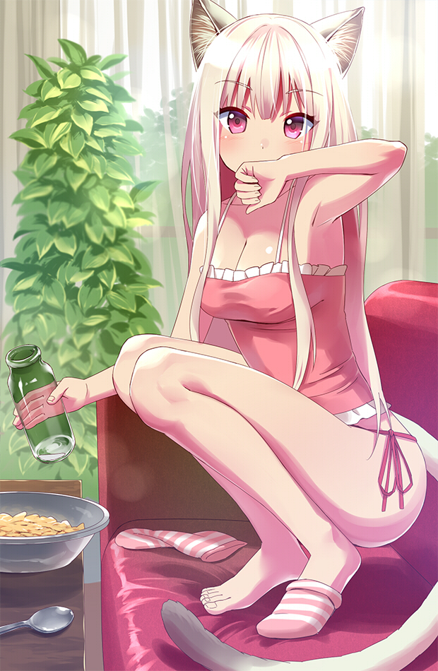 1girl animal_ears armpits blonde_hair bottle bowl breasts camisole cat_ears cleavage collarbone couch curtains indoors long_hair looking_at_viewer original panties plant side-tie_panties single_sock socks solo sonsoso spoon squatting striped striped_socks table tail underwear violet_eyes window wiping_mouth