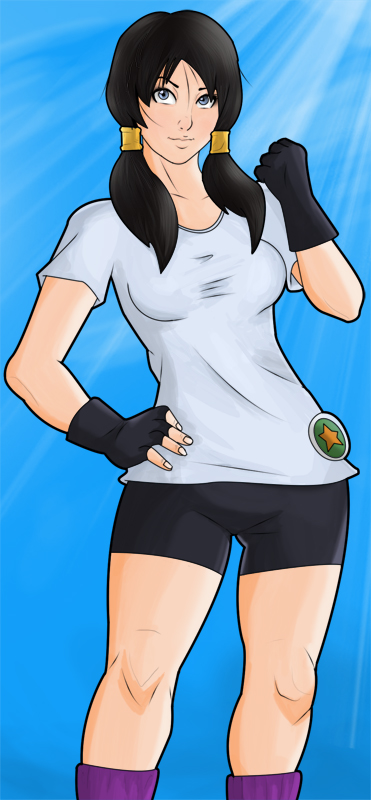 1girl black_hair clenched_hand dragon_ball dragon_ball_z fingerless_gloves gloves hair_ornament liberated-gus looking_at_viewer shorts t-shirt twintails videl