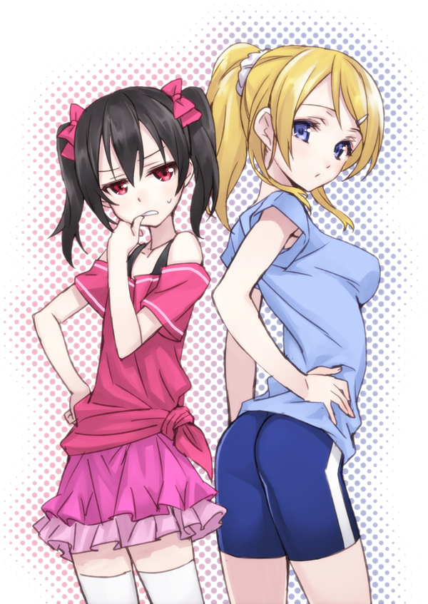 2girls ayase_eli back-to-back biting black_hair blonde_hair blue_eyes bow gym_shorts hair_bow hair_ornament hairclip halftone hand_on_hip long_hair love_live!_school_idol_project matsuryuu multiple_girls nail_biting ponytail red_eyes scrunchie thigh-highs tied_shirt twintails white_legwear yazawa_nico