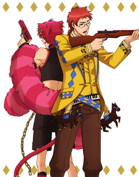 2boys aiming animal_ears back-to-back belt black_gloves boris_airay cat_ears catboy chain collar feather_boa fingerless_gloves formal glasses gloves gun heart_no_kuni_no_alice jacket long_hair long_sleeves mary_gowland multiple_boys pants piercing pink_hair poney redhead short_hair shorts sleeveless sleeveless_shirt smile socks striped striped_socks suit tail weapon white_background