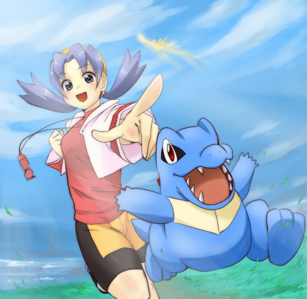 1girl bike_shorts blue_hair crystal_(pokemon) grass hat ho-oh kimagureamrock open_mouth perspective pokemon pokemon_(creature) pokemon_(game) pokemon_gsc shining totodile twintails