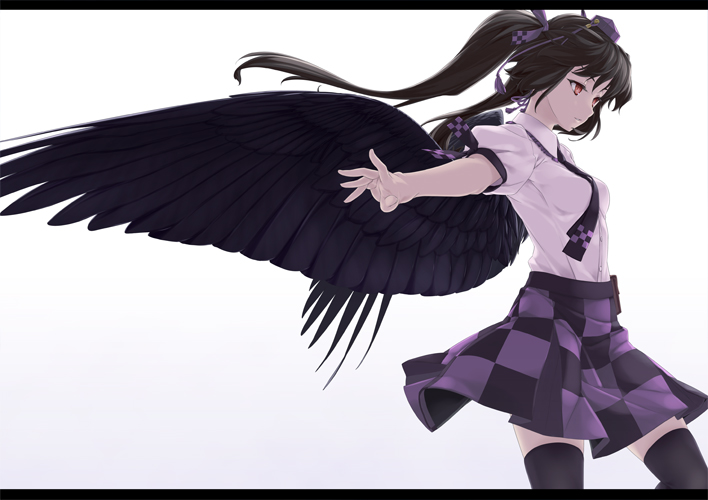1girl black_hair brown_eyes checkered hat himekaidou_hatate long_hair necktie outstretched_arms rokuwata_tomoe simple_background skirt solo thigh-highs tokin_hat touhou white_background wings