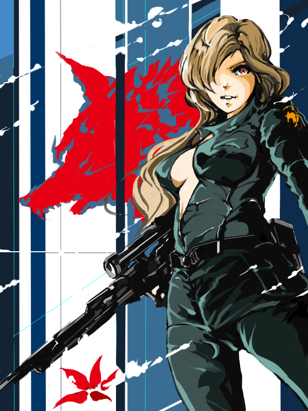 1girl belt blonde_hair breasts catsuit cleavage gun hair_over_one_eye kafe_(bonbonrocks) long_hair metal_gear metal_gear_solid open_clothes red_eyes rifle sniper_rifle sniper_wolf solo unzipped weapon