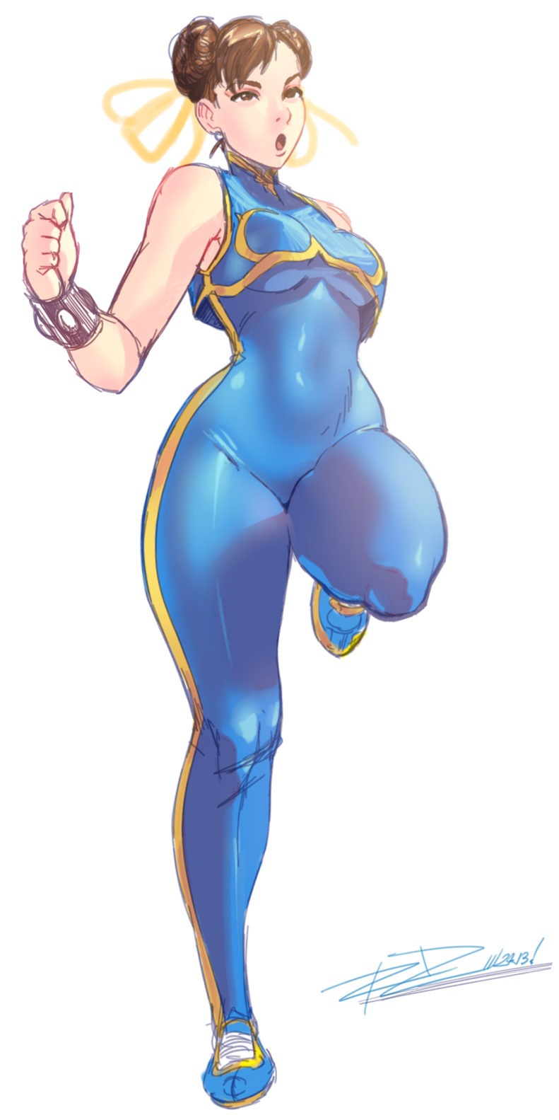 1girl alternate_costume bodysuit bracelet breasts brown_hair chinese_clothes chun-li cropped_jacket double_bun jewelry large_breasts robaato shoes short_hair skin_tight sneakers solo spiked_bracelet spikes street_fighter street_fighter_zero