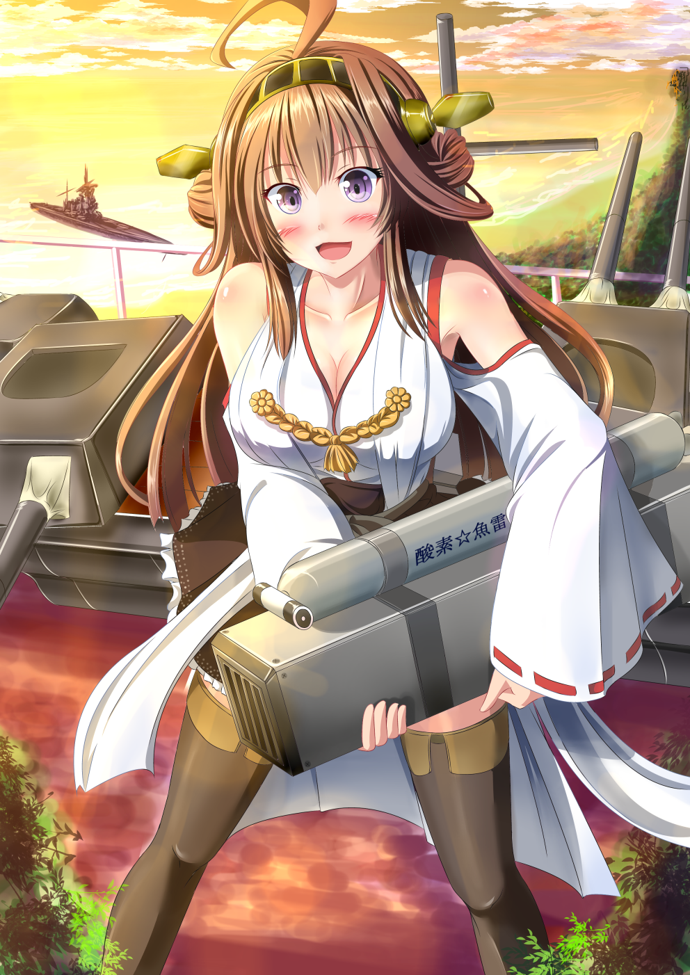 1girl bare_shoulders boots breasts brown_hair cleavage clouds detached_sleeves hair_ornament hairband highres kantai_collection kongou_(kantai_collection) large_breasts looking_at_viewer nontraditional_miko personification pleated_skirt rinc7600 ship skirt sky solo thigh_boots thighhighs translated violet_eyes zettai_ryouiki