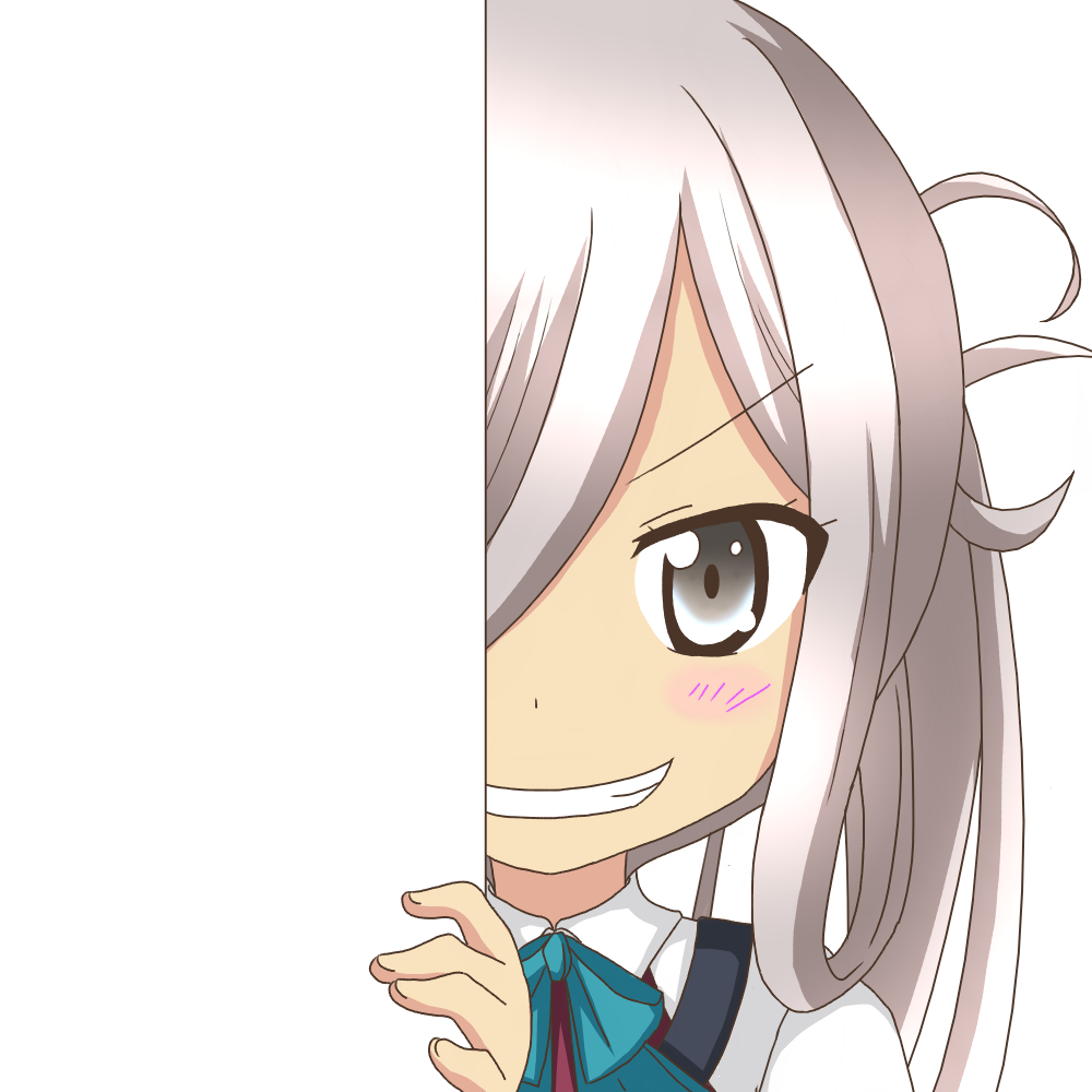 &gt;:d 1girl :d asashimo_(kantai_collection) grey_eyes grin kantai_collection long_hair looking_at_viewer nagineko open_mouth peeking_out school_uniform silver_hair simple_background smile solo transparent_background