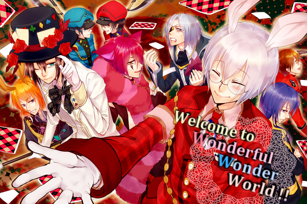 9boys ace_(kuni_no_alice) animal_ears armband axe black_gloves black_hair blonde_hair blood blood_dupre blue_eyes blush boris_airy bowtie brown_eyes cane card cat_ears catboy child clock closed_eyes coat collar elliot_march eyepatch feather_boa fingerless_gloves flower formal glasses gloves grey_eyes grey_hair happy hat heart_no_kuni_no_alice julius_monrey licking_lips long_hair long_sleeves necktie nightmare_gottschalk peter_white piercing pink_hair rabbit_ears red_eyes rose scarf short_hair siblings smile suit tattoo tongue top_hat tweedle_dee tweedle_dum twins violet_eyes weapon white_gloves white_hair wink yellow_eyes