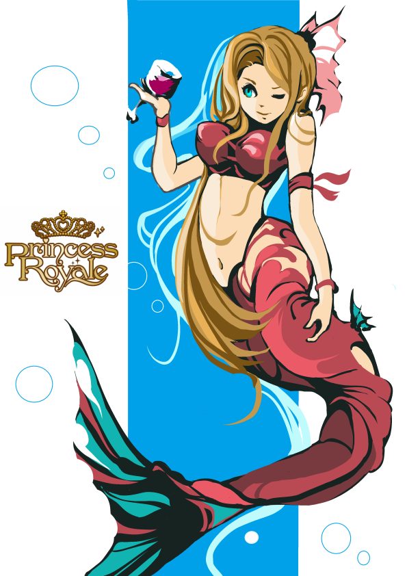 1girl breasts cup fish_tail green_eyes hair_ornament kafe_(bonbonrocks) large_breasts long_hair mermaid monster_girl navel original pixiv princess_royale solo tubetop very_long_hair wine_glass wink