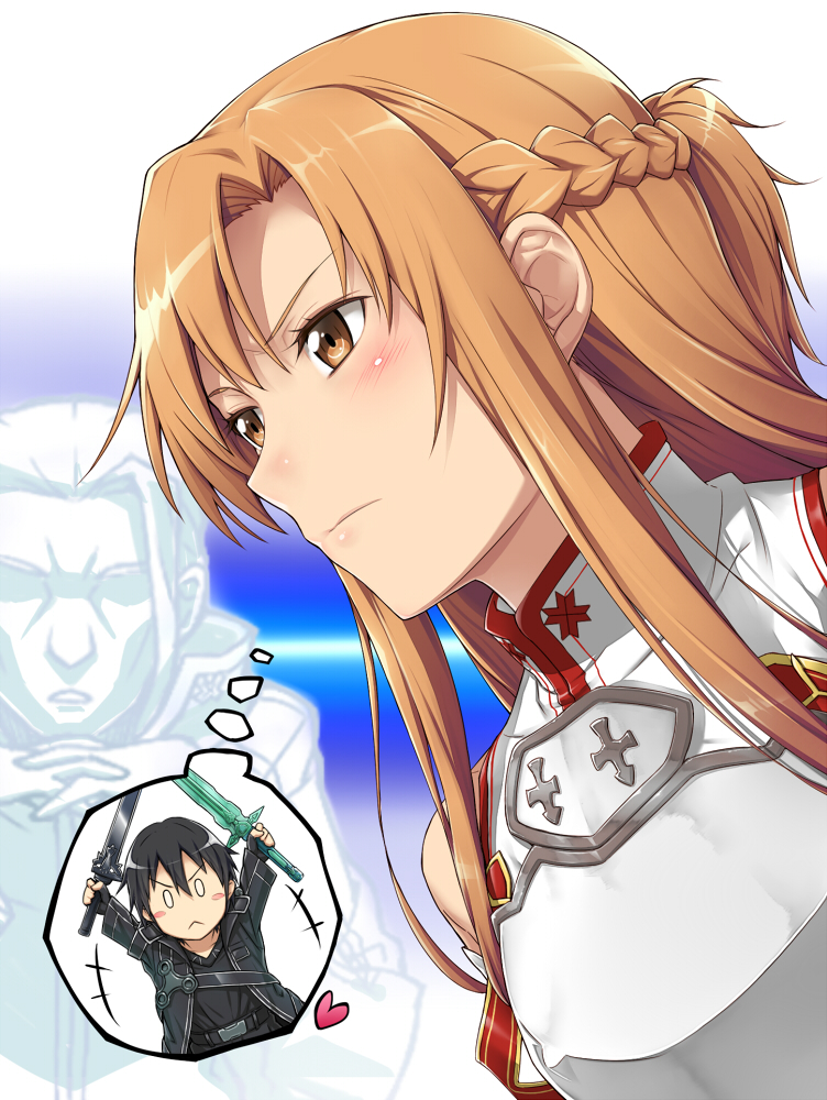 1girl asuna_(sao) brown_eyes brown_hair chibi dual_wielding heathcliff kirito komase_(jkp423) long_hair spoken_thought sword sword_art_online weapon yuuki_asuna