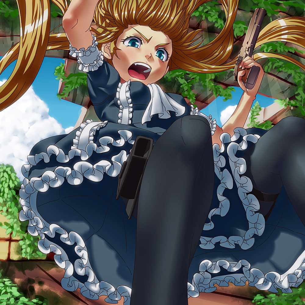 blonde_hair blue_eyes cometch dual_wielding frills gothic_lolita hands_on_hips original pantyhose perspective twintails
