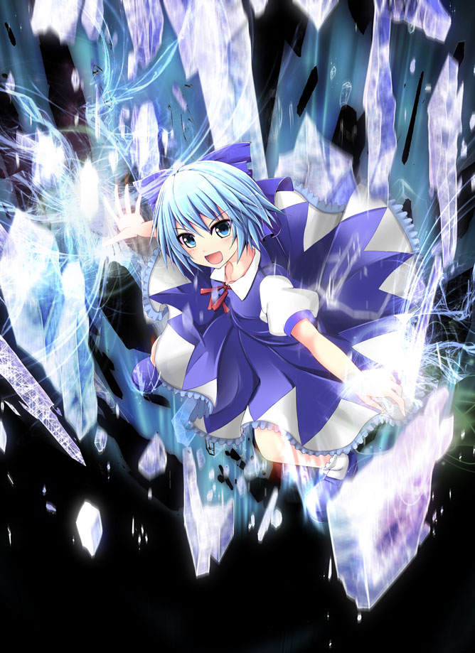1girl blue_dress blue_eyes blue_hair bow cirno dress hair_bow icicle kiki_(koikuchikinako) looking_at_viewer open_mouth outstretched_arm puffy_sleeves shirt short_hair short_sleeves smile solo touhou