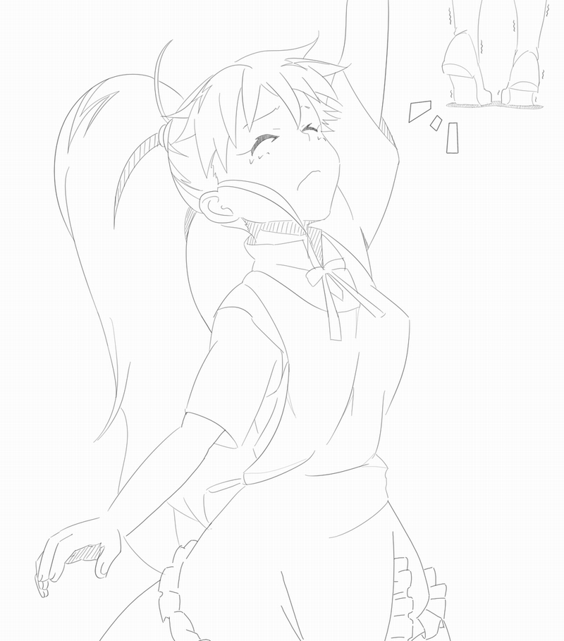 17ch apron closed_eyes lineart long_hair monochrome multiple_persona ponytail reaching taneshima_popura tiptoes waitress working!!