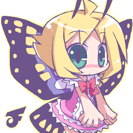 ahoge androgynous antennae blonde_hair blue_eyes blush bow butterfly butterfly_wings dress fairy lowres misasagi_yuuya shimon shimotsuma short_hair simple_background solo white_background wings
