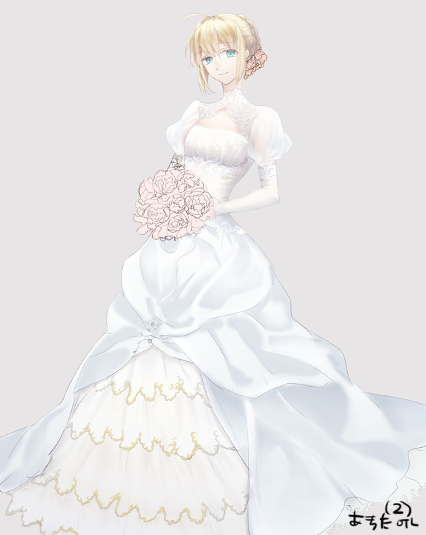 1girl adapted_costume ahoge blonde_hair bouquet dress fate/stay_night fate_(series) flower nor_(reader13) saber solo wedding_dress