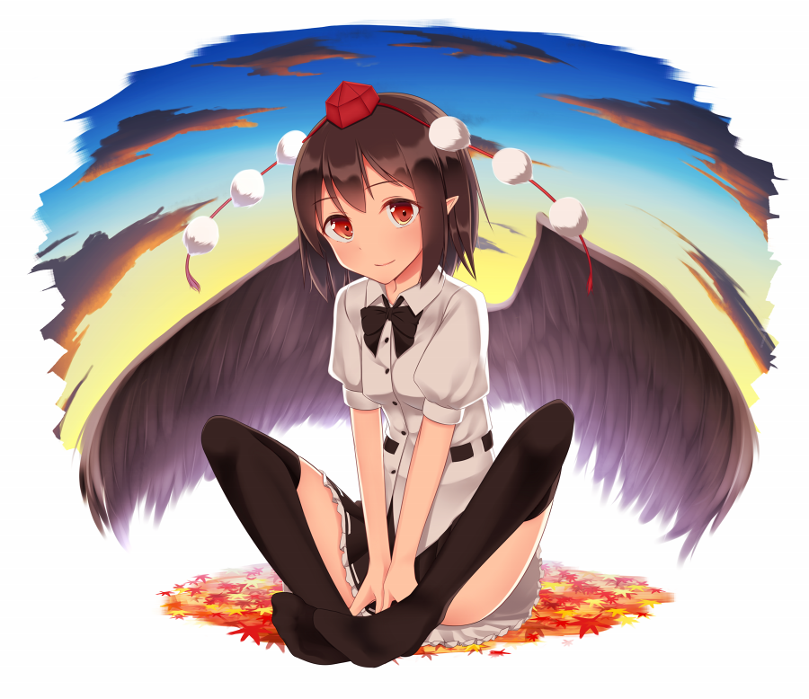 1girl belt black_hair black_wings blush clouds convenient_censoring full_body hat leaf looking_at_viewer maple_leaf pointy_ears pom_pom_(clothes) pspmaru puffy_sleeves red_eyes ribbon shameimaru_aya shirt short_hair short_sleeves sitting skirt sky smile solo string tokin_hat touhou wings