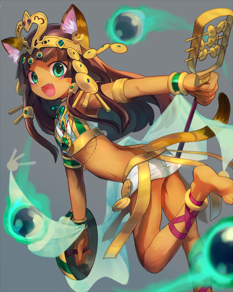 1girl animal_ears ankle_lace-up anklet barefoot bastet_(p&amp;d) blurry brown_hair cat_ears cat_tail cross-laced_footwear crown dark_skin depth_of_field egyptian fang green_eyes instrument jewelry me_(mikannu) midriff open_mouth puzzle_&amp;_dragons tail