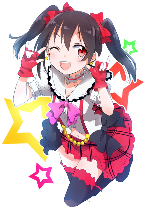 1girl black_hair blush bow earrings fingerless_gloves gloves gochou_(comedia80) hair_bow jewelry looking_at_viewer love_live!_school_idol_project open_mouth red_eyes short_hair skirt smile solo thigh-highs twintails wink yazawa_nico