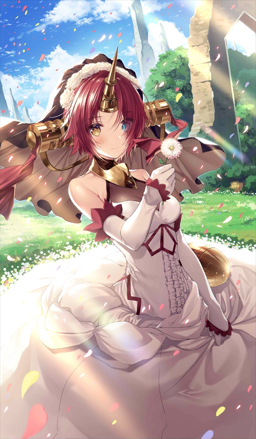 1girl arm_at_side bare_shoulders blue_eyes blue_sky blush breasts brown_eyes center_frills cleavage closed_mouth clouds commentary_request craft_essence day detached_sleeves dress eyebrows_visible_through_hair fate/apocrypha fate/grand_order fate_(series) flower frankenstein's_monster_(fate) gloves grass hair_flower hair_ornament headgear holding holding_flower horn lens_flare long_sleeves medium_breasts necomi official_art outdoors petals rose ruins sitting sky smile solo veil white_dress white_flower white_gloves white_rose