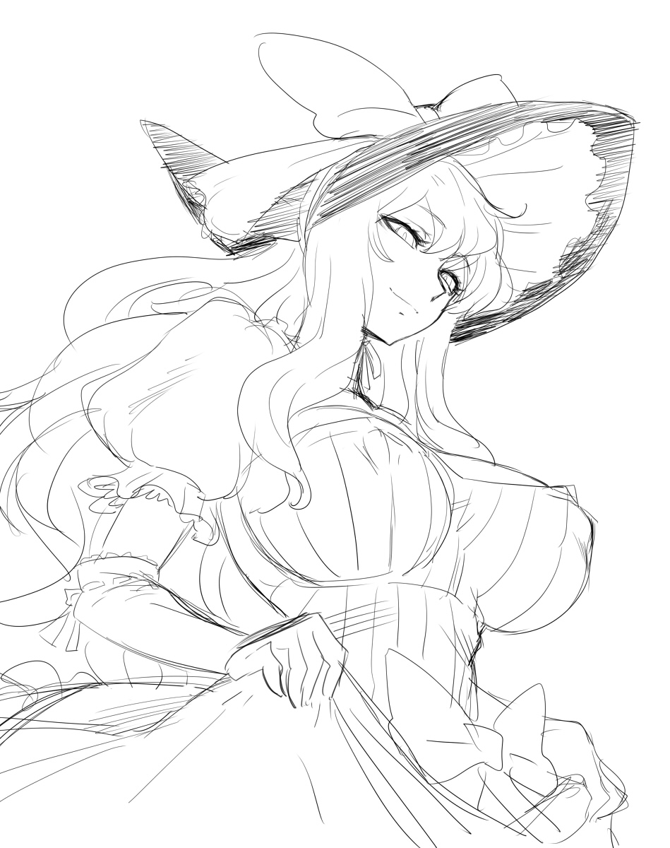 1girl bow breasts curtsey elbow_gloves from_below gloves hat hat_bow huge_breasts invincible_marisa kirisame_marisa long_hair monochrome new_super_marisa_land puffy_sleeves sketch smile solo space_jin touhou