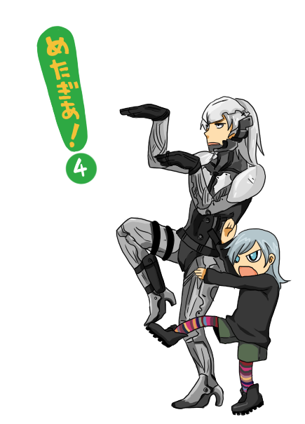 ! 1boy 1girl blue_eyes boots cyborg katagiri_hachigou metal_gear metal_gear_solid metal_gear_solid_4 parody pose raiden shorts striped striped_legwear sunny_gurlukovich sweater white_hair yotsubato! yotsubato!_pose