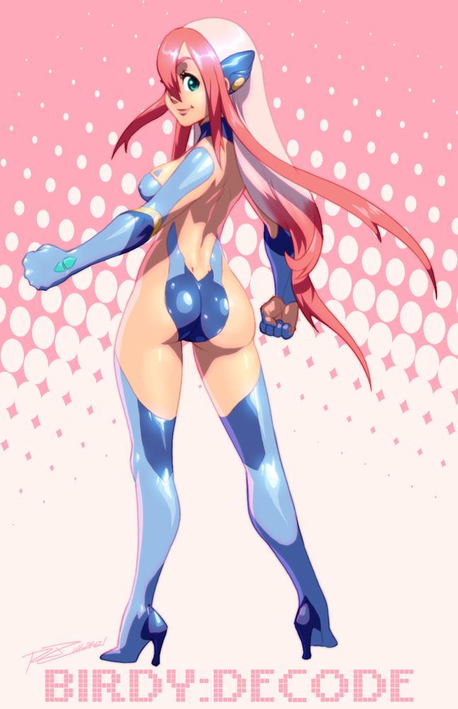1girl ass birdy_cephon_altirra boots breasts clenched_hands ear_protection elbow_gloves from_behind gloves green_eyes high_heels leotard lips long_hair multicolored_hair pink_hair redhead robaato shoes smile solo tetsuwan_birdy tetsuwan_birdy_decode thigh-highs thigh_boots two-tone_hair