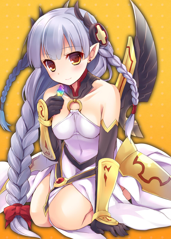 1girl bankoku_ayuya bare_legs black_gloves blush bow braid breasts clothed_navel earrings elbow_gloves gloves hair_bow jewelry long_hair looking_at_viewer multiple_braids pointy_ears puzzle_&amp;_dragons red_eyes silver_hair smile valkyrie_(p&amp;d)