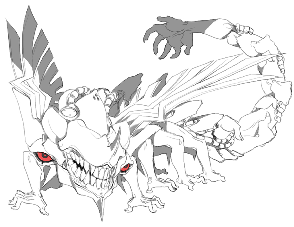 alien bared_teeth extra_arms jason_robinson monochrome no_humans partially_colored r-type red_eyes solo wings
