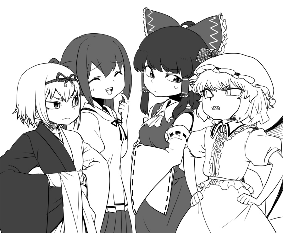 4girls bat_wings bow character_request detached_sleeves hair_bow hair_tubes hakurei_reimu hat japanese_clothes miko monochrome multiple_girls remilia_scarlet sharp_teeth space_jin sweatdrop touhou wings