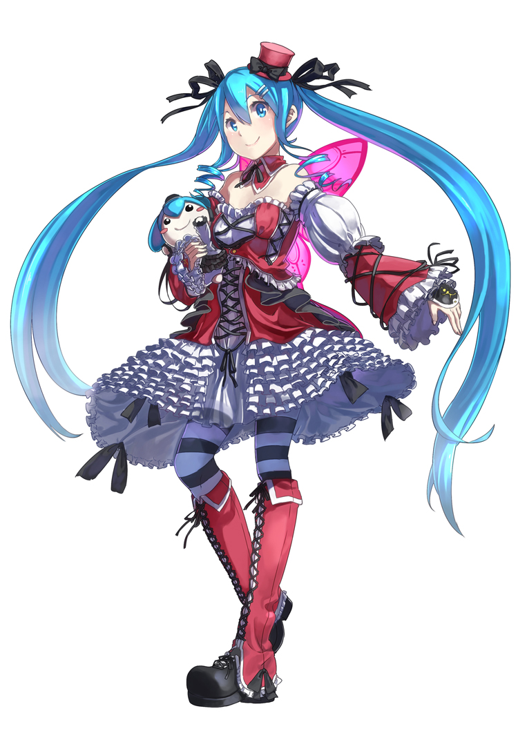 1girl blue_eyes blue_hair boots corset cross-laced_footwear doll hair_ornament hair_ribbon hairclip hat hatsune_miku knee_boots lace-up_boots long_hair mini_top_hat pantyhose ribbon simple_background smile solo striped striped_legwear tokumaro top_hat twintails very_long_hair vocaloid white_background wings