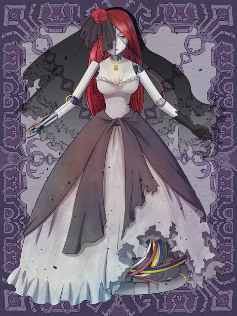 1girl black_bow black_gloves bow breasts bridal_veil closed_mouth commentary_request cracked_skin dress flower full_body gloves grey_dress hair_bow hair_flower hair_ornament joints kerberos_blade long_hair looking_at_viewer medium_breasts natsuya_(kuttuki) purple_background red_eyes red_flower redhead robot robot_joints solo strapless strapless_dress veil wedding_dress wire