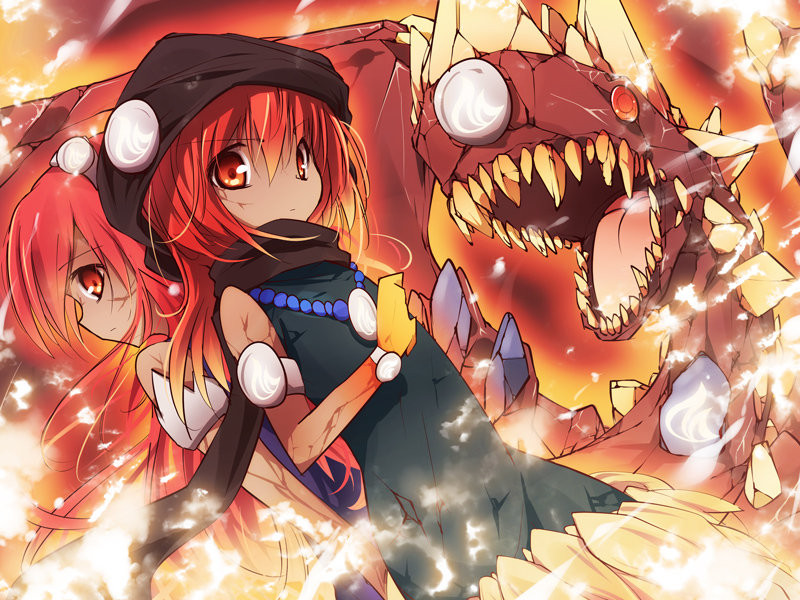 crystal dark_skin duel_monster itsutsuki jewelry laval_forest_sprite laval_lakeside_lady lavalval_dragon looking_at_viewer necklace red_eyes redhead rock sharp_teeth yuu-gi-ou