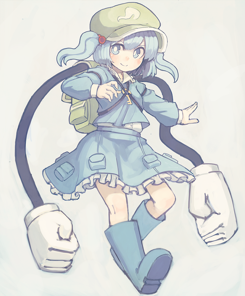 1girl backpack bag blue_hair boots gatakigi_gama hair_bobbles hair_ornament hat kawashiro_nitori key mechanical_arms short_hair skirt skirt_set smile solo touhou twintails